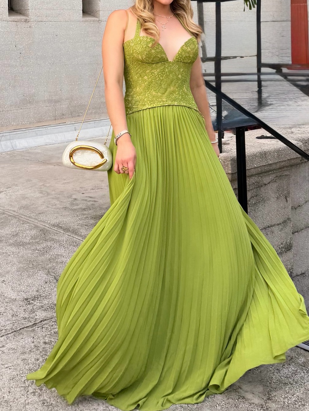 Lace Bodice Olive Green Pleated Maxi Dress